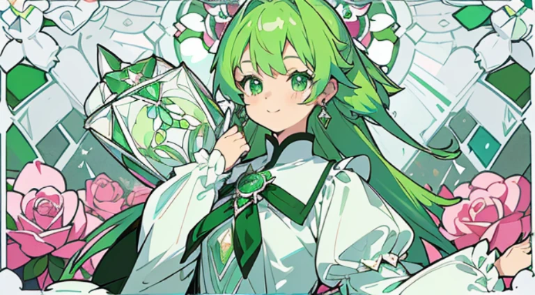 (Skin is not affected, Long sleeve blouse with ruffles), (独奏), very cute female child (1), Colorful stained glass background, Classic, Lots of bright roses,rose vine, ((Super long emerald green hair, Earring color)), (Super Smile), Dynamism, (Her eyes are emerald green), (Kirakira) (Node objects)Face angle close up