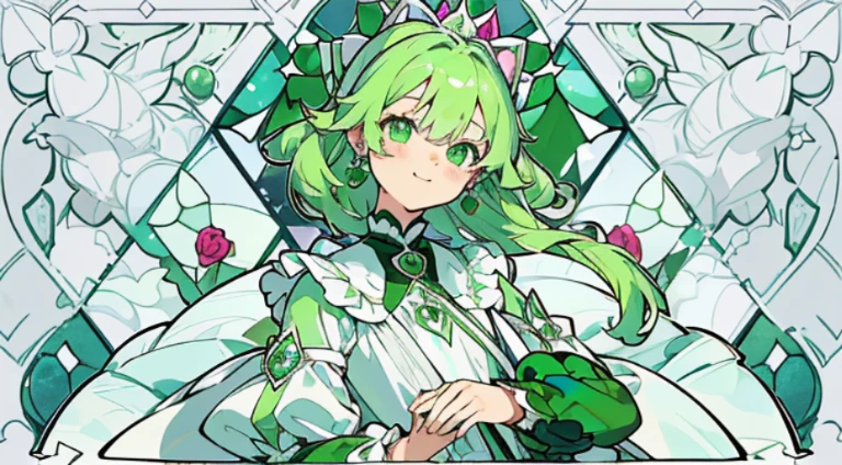 (Skin is not affected, Long sleeve blouse with ruffles), (独奏), very cute female child (1), Colorful stained glass background, Classic, Lots of bright roses,rose vine, ((Super long emerald green hair, Earring color)), (Super Smile), Dynamism, (Her eyes are emerald green), (Kirakira) (Node objects)Face angle close up