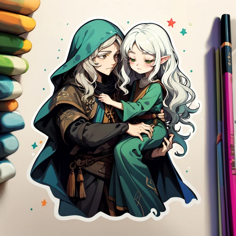1 sticker, handbook, (Sticker, 1 boy, Medieval heavy dress, luna. veil, bouquet, Separating elements), watercolour, whitebackground, Background, minimal, Cute, tiny, Color: pastel colours, vector style, No gradient, pale skinned man,short wavy hair, Druid, half-elf ,Green clothes,illustartion,Realistic,Harmonious colours,natural lighting, white colored hair, curly hair
