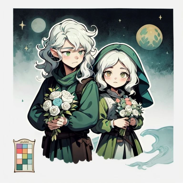 1 sticker, handbook, (Sticker, 1 boy, Medieval heavy dress, luna. veil, bouquet, Separating elements), watercolour, whitebackground, Background, minimal, Cute, tiny, Color: pastel colours, vector style, No gradient, pale skinned man,short wavy hair, Druid, half-elf ,Green clothes,illustartion,Realistic,Harmonious colours,natural lighting, white colored hair, curly hair