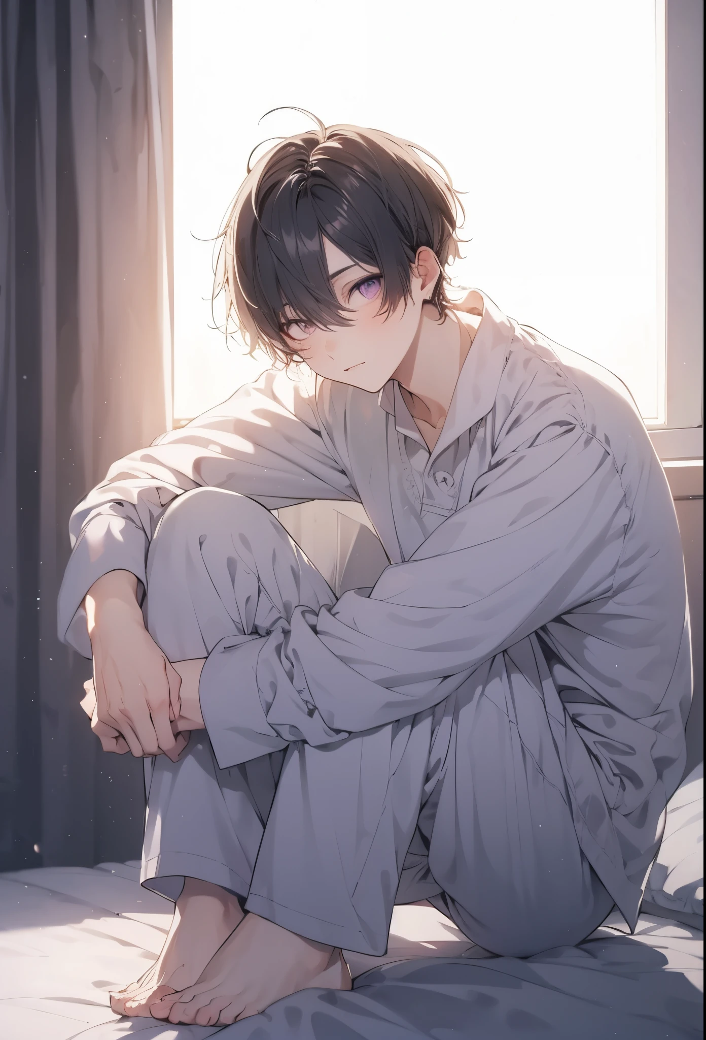 High quality, amount of drawing, pixiv illustration, Beautiful young man, Dark hair, Purple eyes, Short hair, White pajamas, the morning sun, sitting on a bed, Squatting, huge window, Sweet face