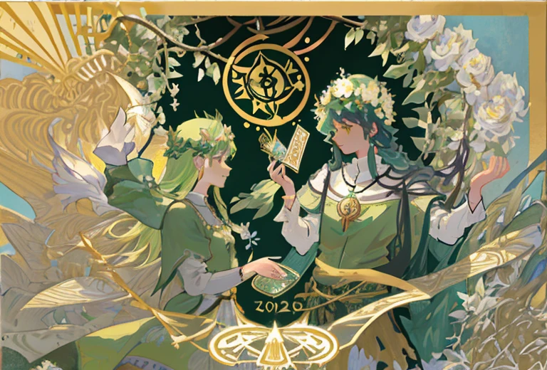 tmasterpiece、topquality、Alphonse Mucha、Jugendstil、 (Tarot card style:1.3)、Unique Tarot Card Structure, including floral and green elements、looking at the viewers、 In the middle of a green garden、Enjoy the sunshine, which illuminates flowering plants and ancient tarot symbols.、Dance with Unearthly Creatures。 roses、lily、Cherry trees、calamus、leaveoss、vine、Elegant dresses, Inspired by nature、Necklace with flowers and leaves、耳环、circlet、A bracelet、hair ornament、bee、Tarot symbols, Reimagined with floral and green ornaments、goddess lower garden、woods、Natural background, like a, For example, shore of the lake、Efficient use of light and shadow、 Realistic & Ультрареалистичный 3D、zentangle、A flock of birds