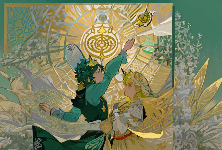 tmasterpiece、topquality、Alphonse Mucha、Jugendstil、 (Tarot card style:1.3)、Unique Tarot Card Structure, including floral and green elements、looking at the viewers、 In the middle of a green garden、Enjoy the sunshine, which illuminates flowering plants and ancient tarot symbols.、Dance with Unearthly Creatures。 roses、lily、Cherry trees、calamus、leaveoss、vine、Elegant dresses, Inspired by nature、Necklace with flowers and leaves、耳环、circlet、A bracelet、hair ornament、bee、Tarot symbols, Reimagined with floral and green ornaments、goddess lower garden、woods、Natural background, like a, For example, shore of the lake、Efficient use of light and shadow、 Realistic & Ультрареалистичный 3D、zentangle、A flock of birds