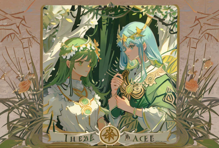 tmasterpiece、topquality、Alphonse Mucha、Jugendstil、 (Tarot card style:1.3)、Unique Tarot Card Structure, including floral and green elements、looking at the viewers、 In the middle of a green garden、Enjoy the sunshine, which illuminates flowering plants and ancient tarot symbols.、Dance with Unearthly Creatures。 roses、lily、Cherry trees、calamus、leaveoss、vine、Elegant dresses, Inspired by nature、Necklace with flowers and leaves、耳环、circlet、A bracelet、hair ornament、bee、Tarot symbols, Reimagined with floral and green ornaments、goddess lower garden、woods、Natural background, like a, For example, shore of the lake、Efficient use of light and shadow、 Realistic & Ультрареалистичный 3D、zentangle、A flock of birds
