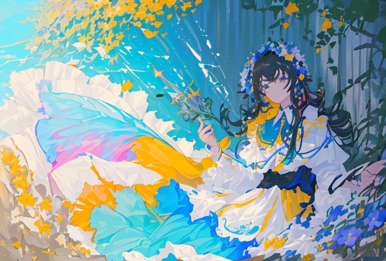 (Masterpiece, Top Quality, Best Quality, beautiful and aesthetic:1.2), (1girl:1.3), extremely detail, (Colorful:1.1), (Colorful Background1:1), (#30B3FF:1.5), (#FA52F4:1.1), highest detail, arma, holding weapon, (Glowing Weapons), Detailed background, water:1.2, Flowers:1.2, Masterpiece, 8K