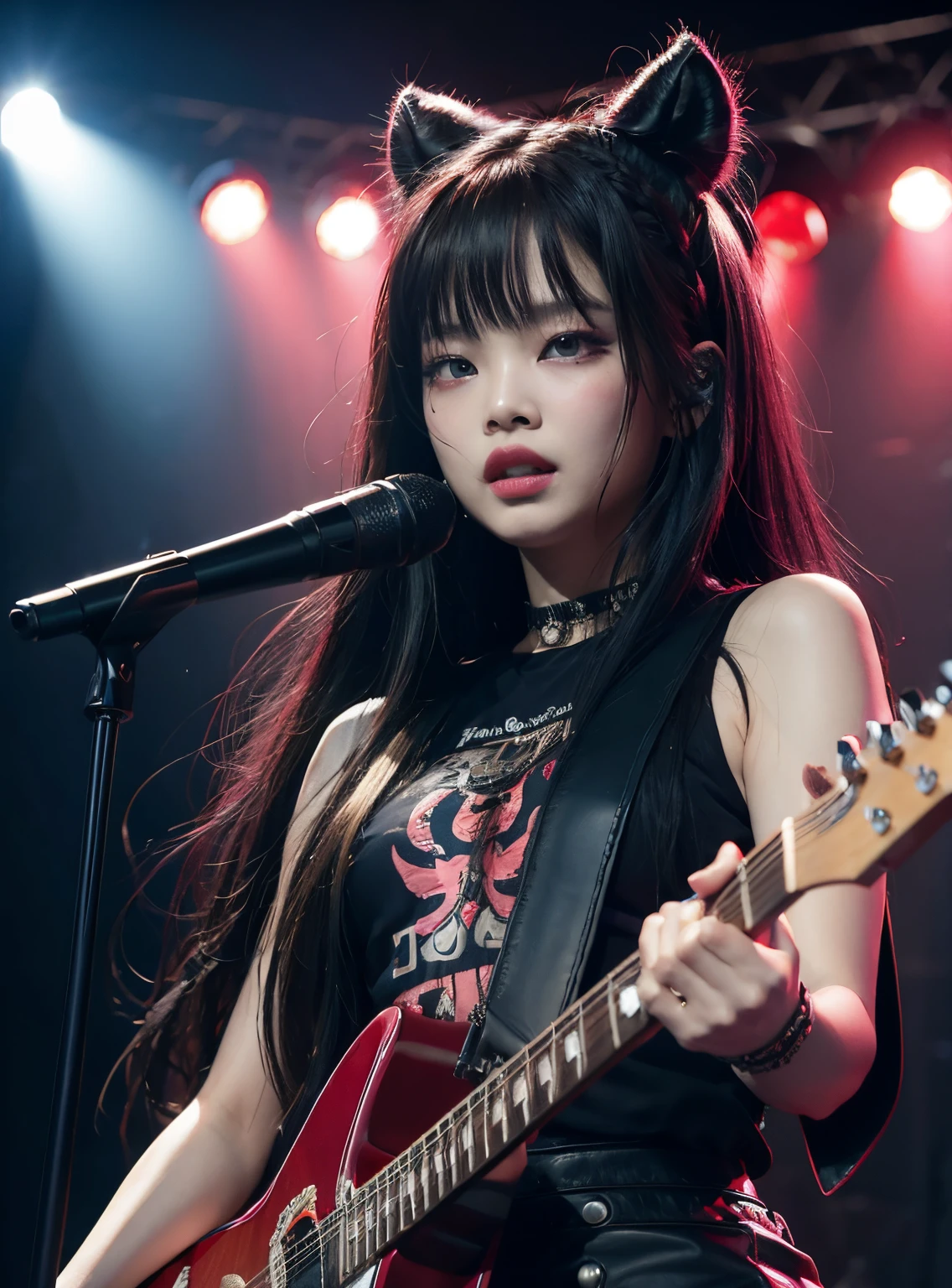 Jennie do blackpink em show de rock com vibe slipknot, as a vocalist wearing an oni mask on stage