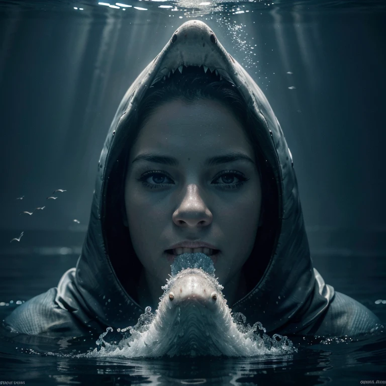 (best quality,4k,8k,highres,masterpiece:1.2),ultra-detailed,(realistic,photorealistic,photo-realistic:1.37),great white shark,underwater,fierce predator,ocean depths,sharp teeth,strong body,swimming motion,dark and mysterious environment,graceful movements,blue hues,subtle sunlight rays,rippling water effects,dramatic shadows,rippling water surface,deep sea,thrilling encounter,fear and awe,cold-blooded hunter,unforgettable experience,wild nature,perfectly captured moment,impressive power,beautiful and dangerous creature,prehistoric lineage,aquatic emblem,marine ecosystem protector.