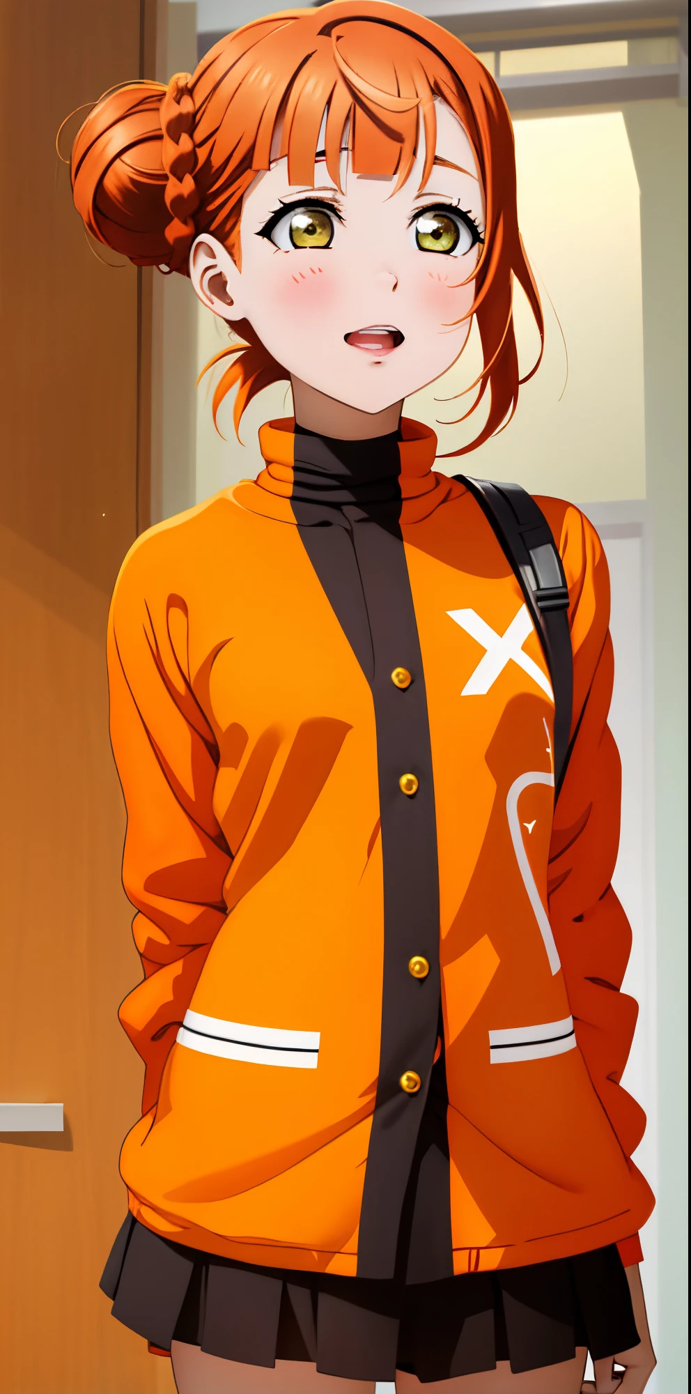 Cartoon Girl with Fluorescent Orange Hair Ayumu has a slim figure with orange hair that she ties in a bun on the right side and yellowish hazel eyes..,Ropa de Navidad, verdad con rojo, 1 7 years