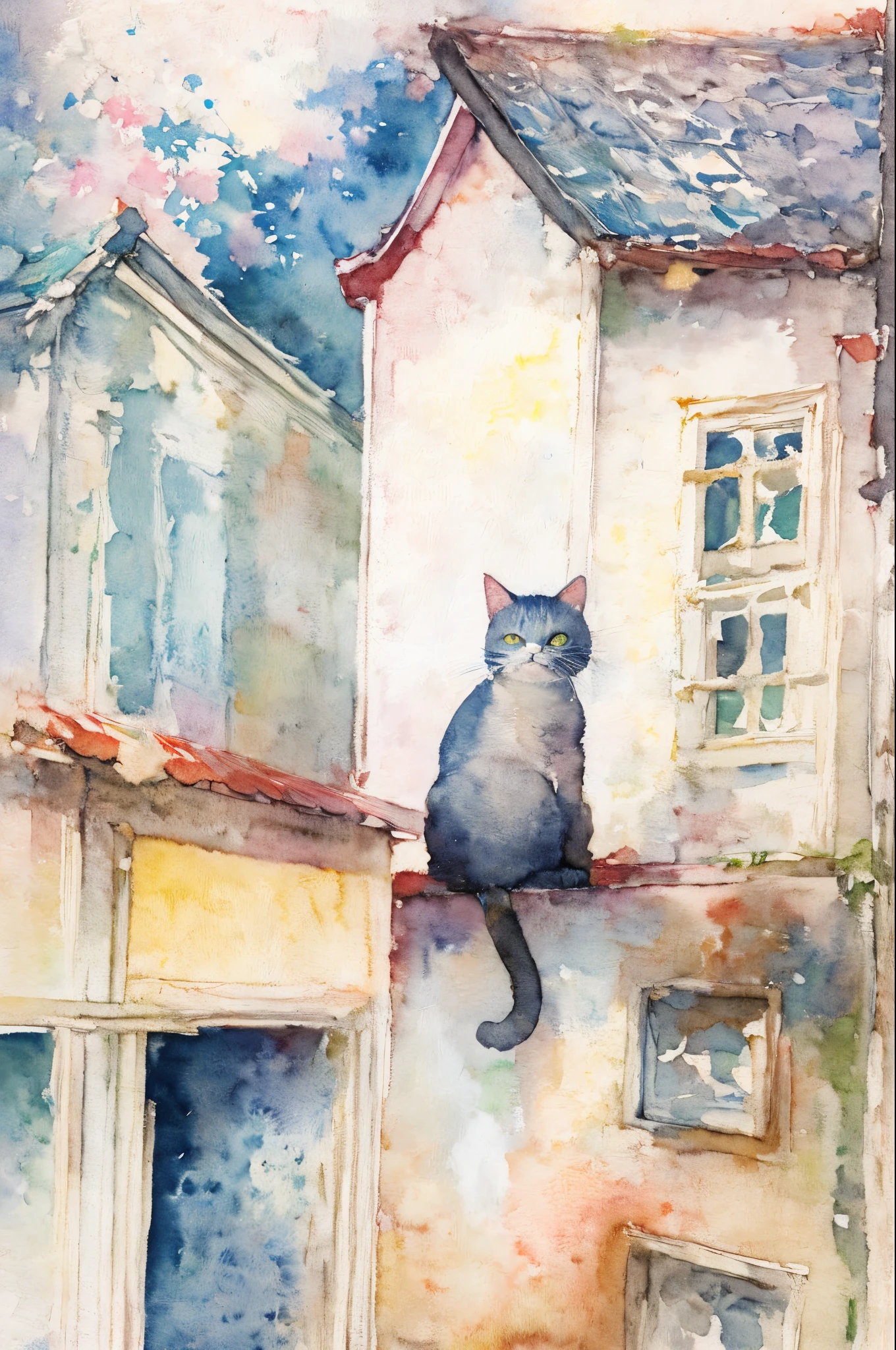 watercolor paiting、catss、Downtown、A cat looking back