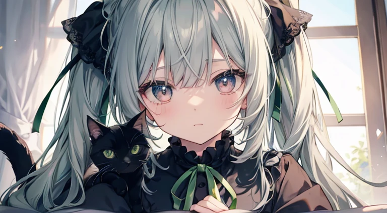 Cute black cat with round eyes, grandmother presents green ribbon, gray hair, facing each other,