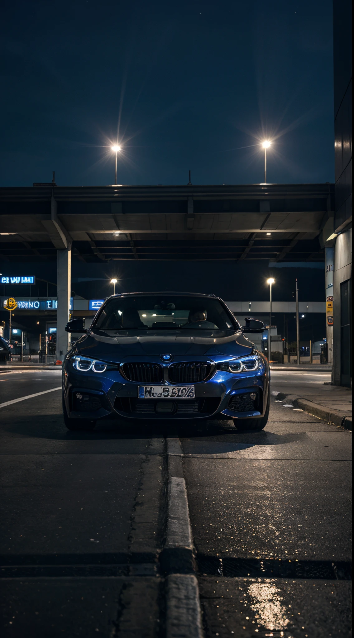 BMW in gás station light Full moon hdr 8k