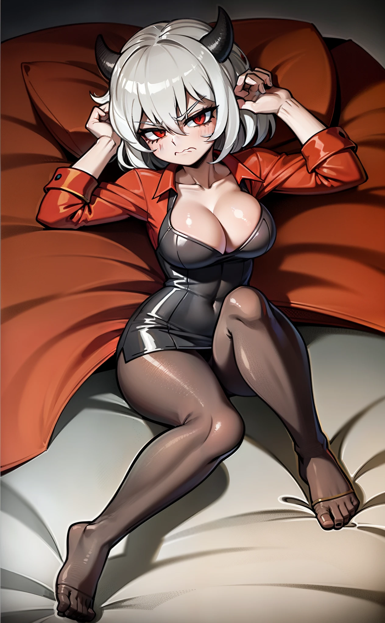 [malina(helltaker)], [uploaded to e621.net; (napalm_express)], [uploaded to .com; (vanripperart)], ((masterpiece)), ((HD)), ((solo portrait)), ((full body)), ((front view)), ((feet visible)), ((detailed shading)), ((beautiful render art)), ((intricate details)), {anime girl; (short black horns), (one eye open), (cute red eyes), (short eyelashes), short white hair, (black demon tail), (curvy hips), (beautiful legs), (beautiful feet), (drunk), (blushing), (annoyed), (cute frown)}, {(red long-sleeve shirt), (cleavagck pencil skirt), (black pantyhose)}, {(g on bed), (laying on back), (head on pillow), (wink)}, [background; (bedroom), (window), (sun rays), (pink and orange sky)]