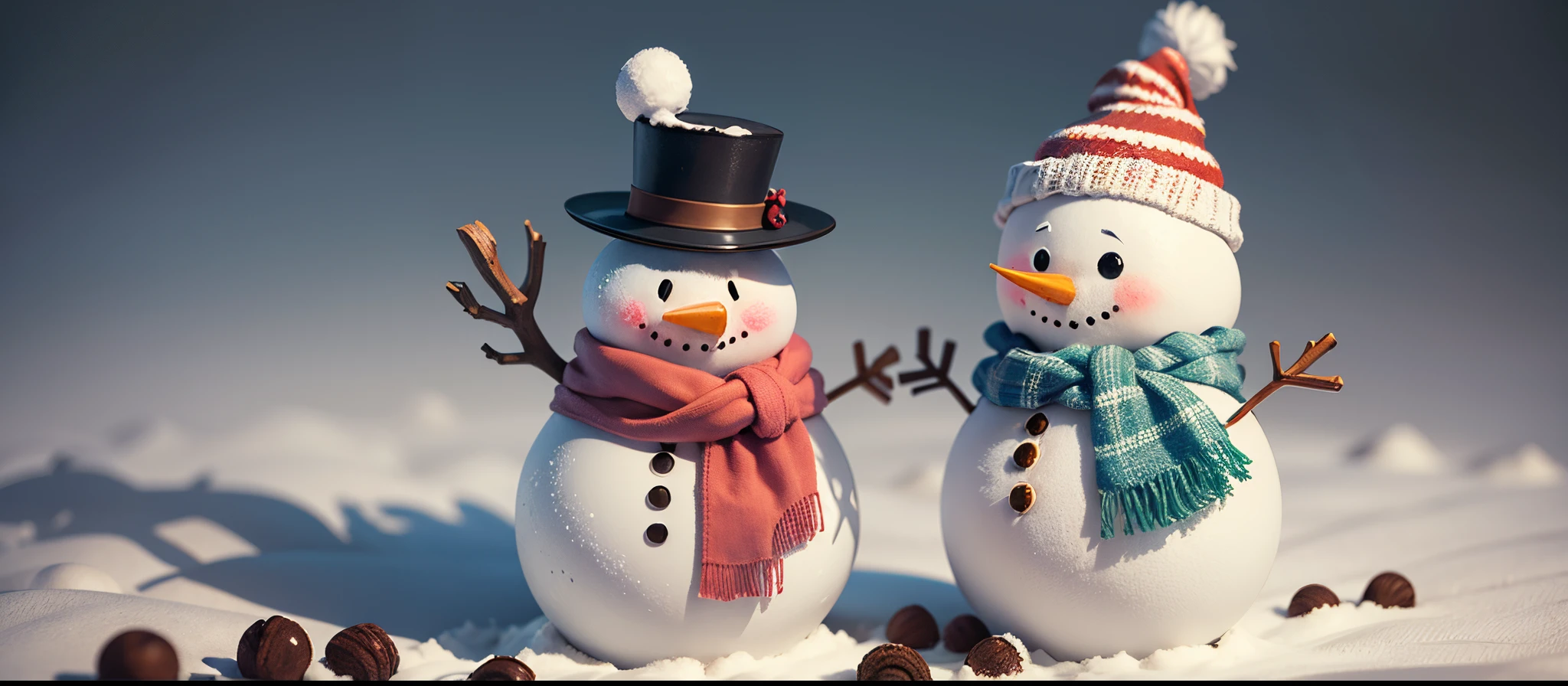 3D, 2 winters Snowman in line, each in Hole in a wall, white background, Vivid colors --auto --s2
