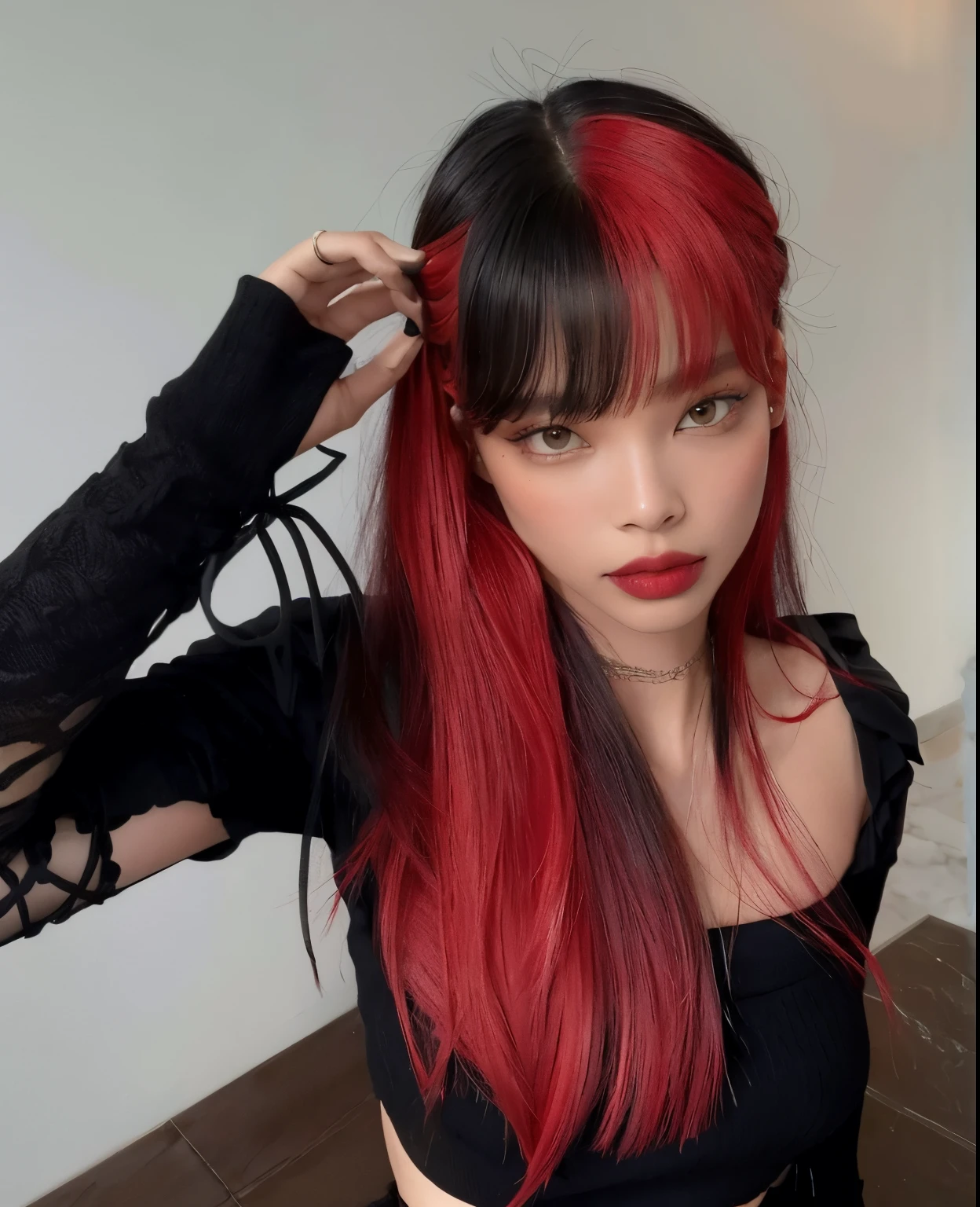 jennie do blackpink arafed com cabelo vermelho e top preto posando para uma foto, cabelos pretos e ruivos, cabelo de duas cores, cabelos pretos e ruivos, estilo de cor rosa e vermelho, tintura de cabelo de dois tons, metade & meia tintura de cabelo, vermelho - preto, cabelos tingidos de vermelho, tons de preto e vermelho, com longos cabelos ruivos, apenas preto e vermelho, preto e vermelho