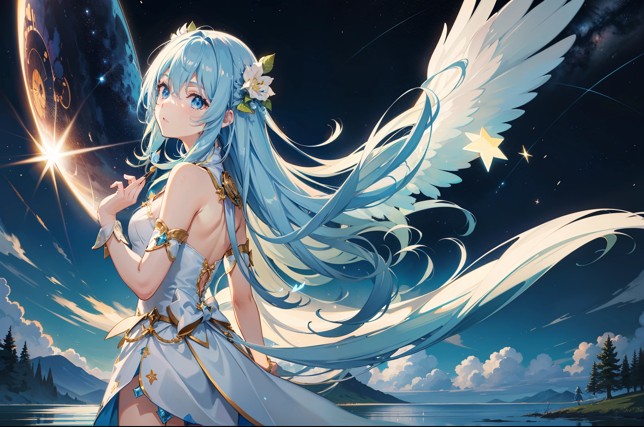 {{{masutepiece}}}, {{best qualtiy, An ultra-fine illustrations, beautifulanddelicatewater}}, {{very delicate light}}, {{Nature, Painting}}, {{Fine Lighting, More transparent stars, Quality Mountains々々々々々々々々々々々, Very fine 8K PCG wallpaper}}, (plateau), Sunrise, randomly distributed clouds, cliff, ((Rotating starry sky)), ((Lake of the mountain stream)), Beautiful girl with long light blue hair with luminous particles、Twin-tailed、White and yellow costume、Looking at the camera