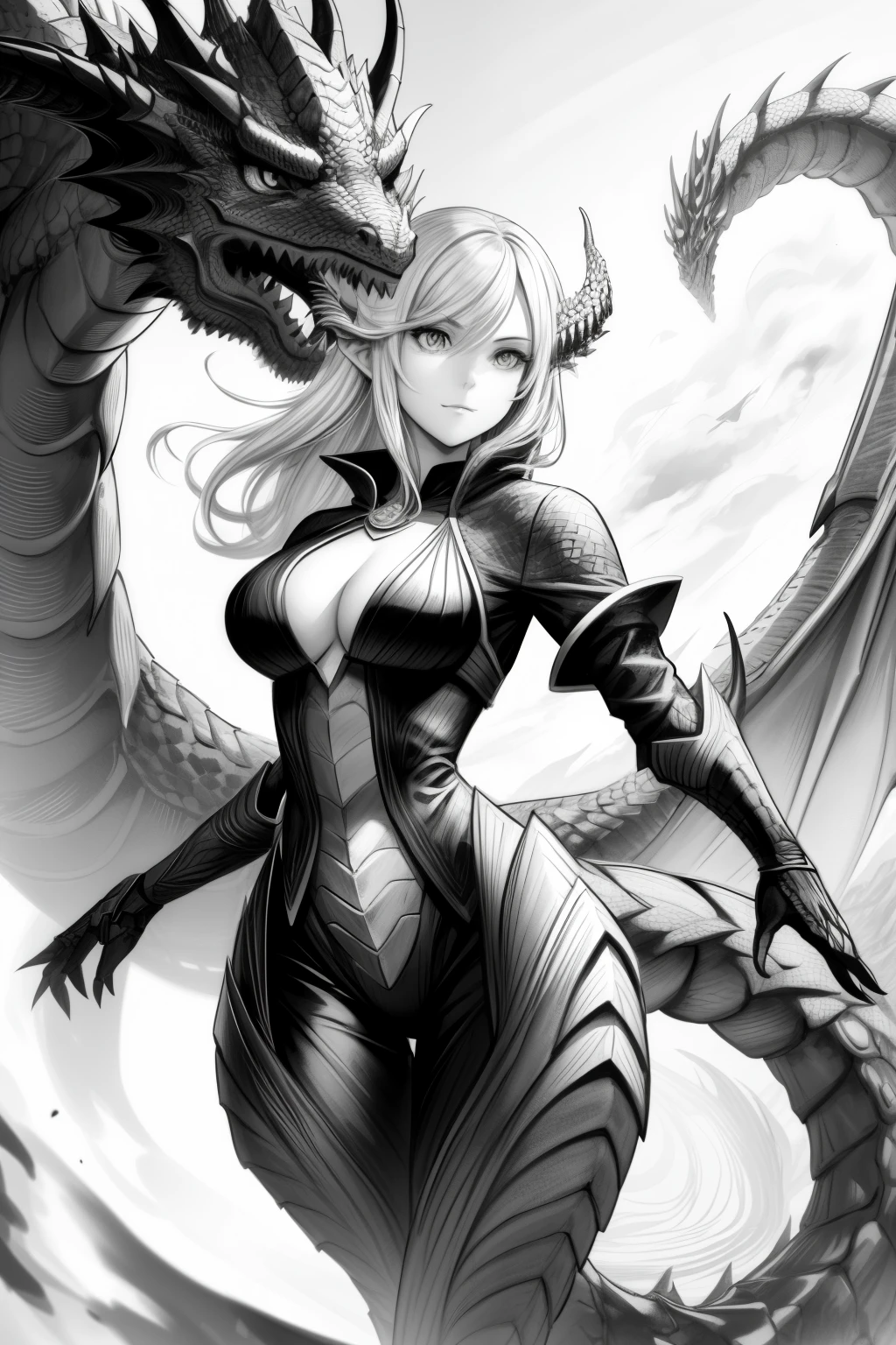 (sketch, monochrome, lineart), 1woman, dragon girl, dragon valley