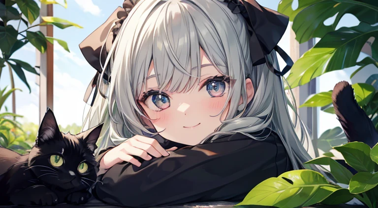 Cute black cat with round eyes, grandmother presents green ribbon, gray hair, facing, smiling,