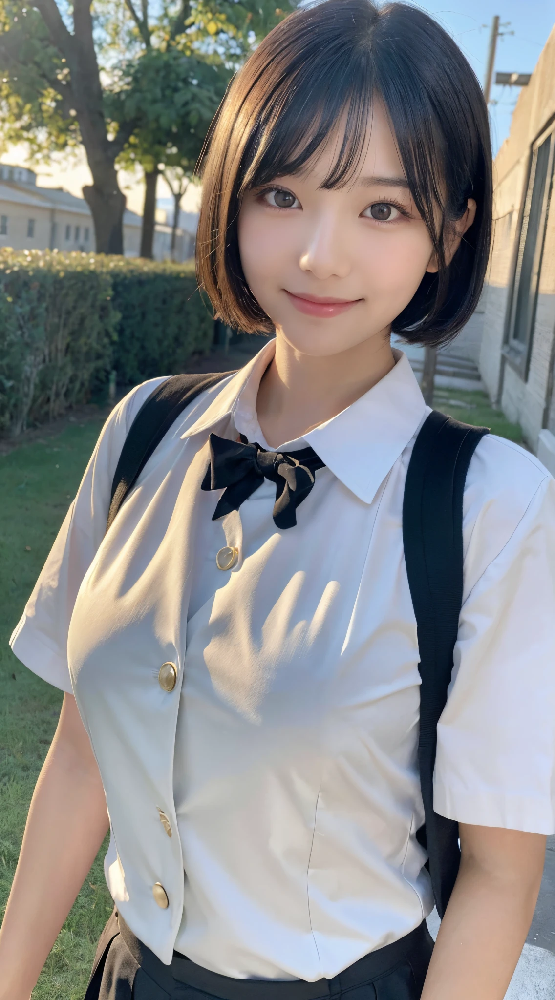 (top-quality,8K picture quality,masterpiece:1.3),(超A high resolution,Photorealsitic:1.4,Raw photography),(ultra-detailliert,Caustics,Detailed background),(Ultra-realistic capture,Beautifully detailed skin,perfect anatomia),at the sunset,Sunset sky,school buildings,school ground,18year old,kawaii,Single eyelid,Black hair short bob,School Blazer Uniform,Looking at the camera,A smile,large boob,Bust-up shot,natural soft light