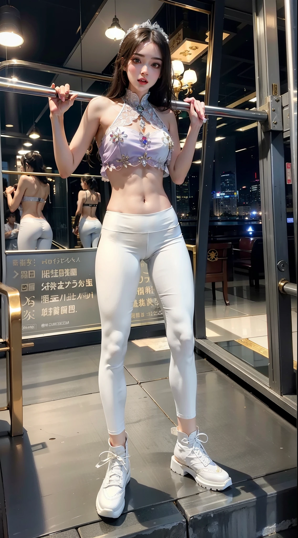 (Small underboob,Tomboyish,small heads)), (Well-defined abs: 1.1), (perfect bodies: 1.1), (shoulder length straight short hair: 1.2), black hair,attractive collarbone，（极其细致的CG 8k壁纸），（Extremely refined and beautiful），（masterpiece），（best qualtiy:1.5），（超高分辨率:1.5），fully body，[A high resolution]，cheerfulness，smile，Smooth and flawless fair skin，ultra - detailed ，Elongated legs，（Small breasts:1.1),Flat chest,Slim，emaciated，(white yoga top tank:1.3)，(white yoga short pants:1.3),(camel toe:1.1),In a spacious gym,Modern decoration style gym,(Various fitness equipment:1.5),dumbbells,treadmill,Close shot,Bright light,(close eyes:1.5), (open mouth:1.2) ,(female orgasmic:1.5), (blush:1.3)，(head up:1.2),from front,(sweat:1.6),put both hands behind head,all fours on ground