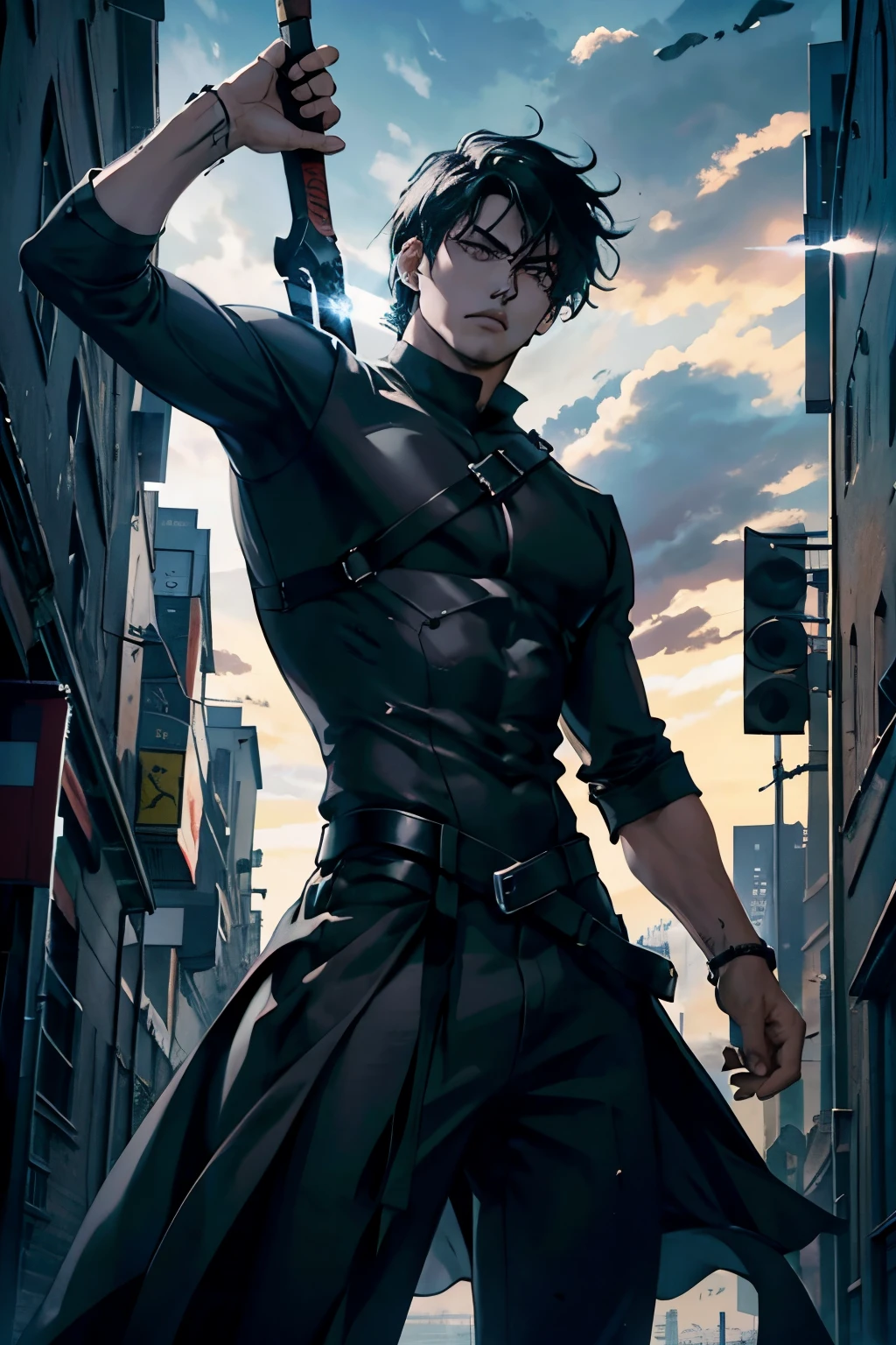 Un guerrero con cabello negro corto, ojos grises, fuerte y alto, Lleva armadura de placa negra, wielding a long sword in position and combat and a serious look. Estilo de arte anime, Excellent quality, Ciudad medieval al fondo
