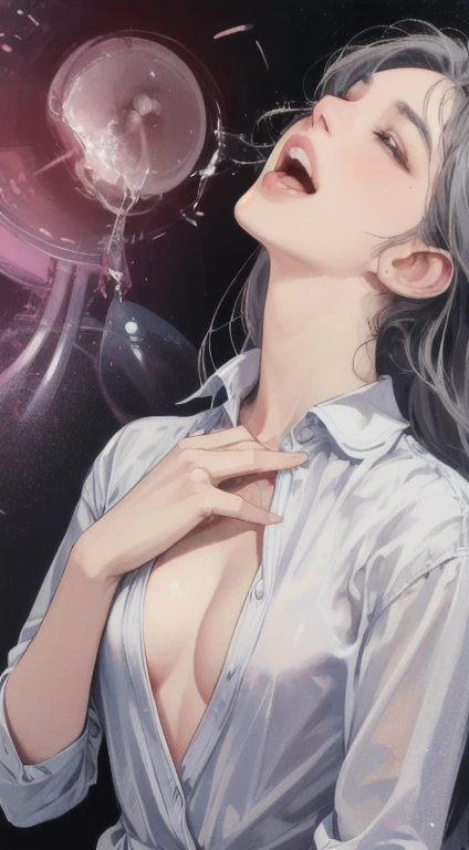1girl in, rembrant colorful theme, synthwave sky,(Best Quality, High quality, High resolution), Realistic, Ultra-detailed, high detailed facial features, absurderes, realistic lighting and reflections, high detailed facial features, see through shirts, Best Photo,High quality illustrations、Fucking、Expression of disgrace、A big smile、(nsfw),(ahegao),(felatio),Semen on the tongue、Sperm all over the body、Bring your chest to the center with both hands、Looking up、blowjob, Wide open mouth、Pure white semen on a long red tongue、Emphasis on the chest、upper body, bright red cheeks、