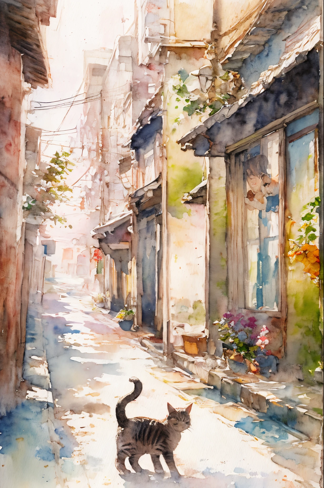 watercolor paiting、Cats、Downtown、Cat looking back