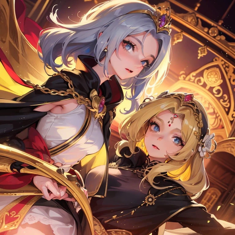 (masterpiece), best quality, expressive eyes, perfect face,((1girl)),((blonde hair:1.4)),middle hair,side ponytail,((hair flower:1.1)),golden tiara,green eyes,big breasts,cleavage,(purple and gold and black ornate empress dress:1.5),(white and gold fur cloak:1.5),bangles,bracelet,earrings,curvy,(garter belt),(black stockings),thighboots,standing,head tilt,light smile,fantasy background,fountain square,(sunset:1.1),(cloudy sky:1.1),looking at viewer,cowboy shot