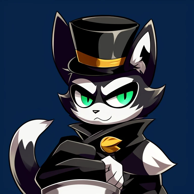 Icon villain felix the black and white cat with a top hat, an dark bakground
