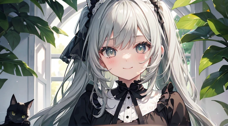 Cute black cat with round eyes, grandmother presents green ribbon, gray hair, facing, smiling,