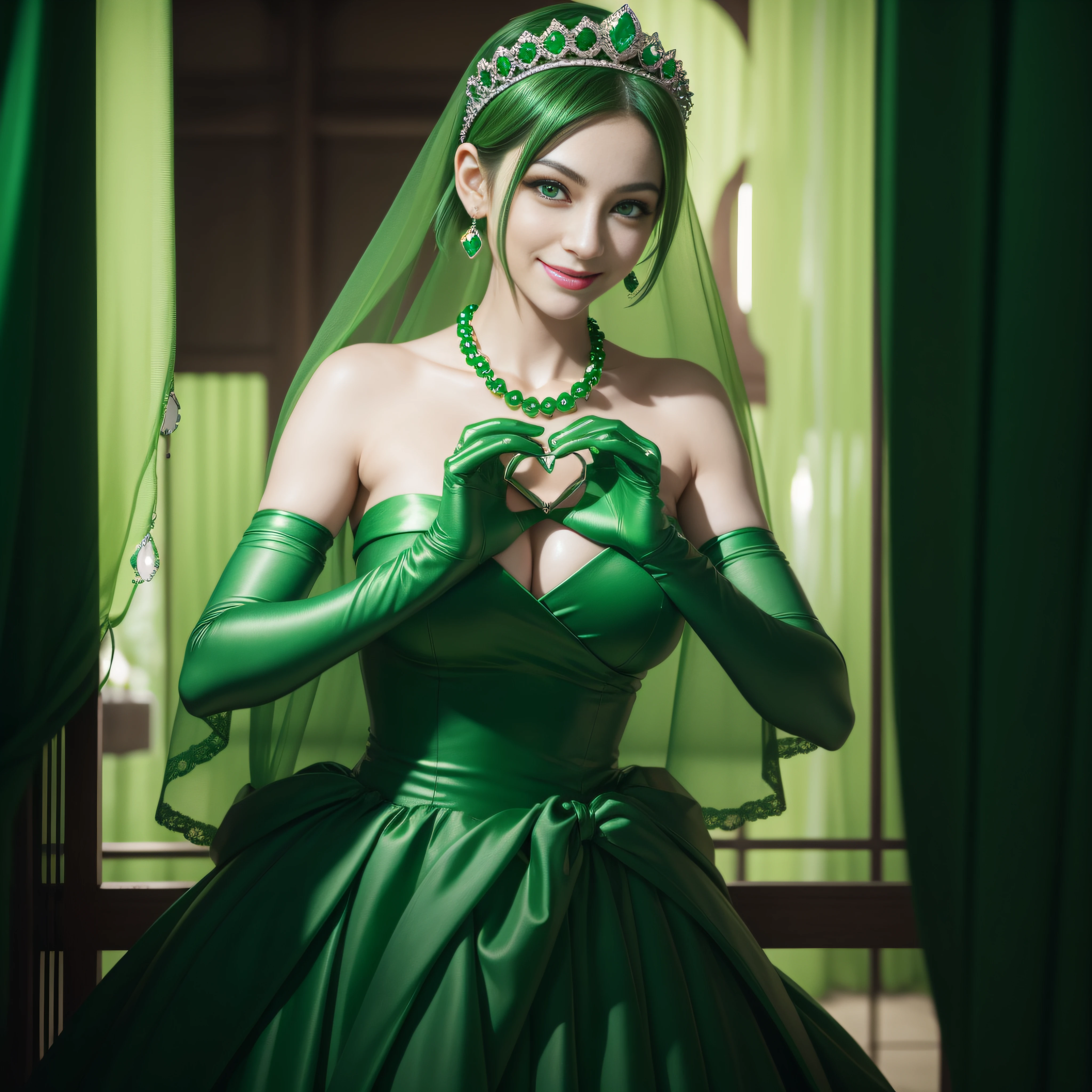 emerald tiara, Green Pearl Necklace, Boyish very short green hair, lipsticks, Japan woman smiling, very short short hair,  big breasts beautiful, Green eyes, Long green gloves made of satin material, Green eyes, Emerald Earrings, green vale, Heart with both hands, Green hair