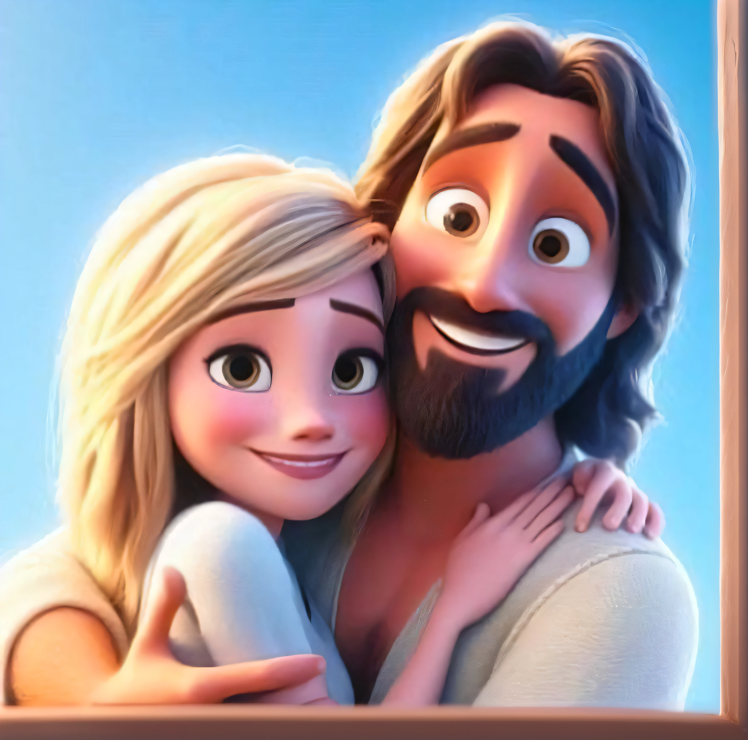 A close-up of a cartoon character hugging a woman, jesus hugging a woman, animated film, animation film, animation movie still, 3 d animated movie, No estilo de filme Croods, animation film, Nicodemos, children's animated films, animation movie still, Hug, Sony Pictures Animation, animation movie still, animado ainda, cena de filme animado