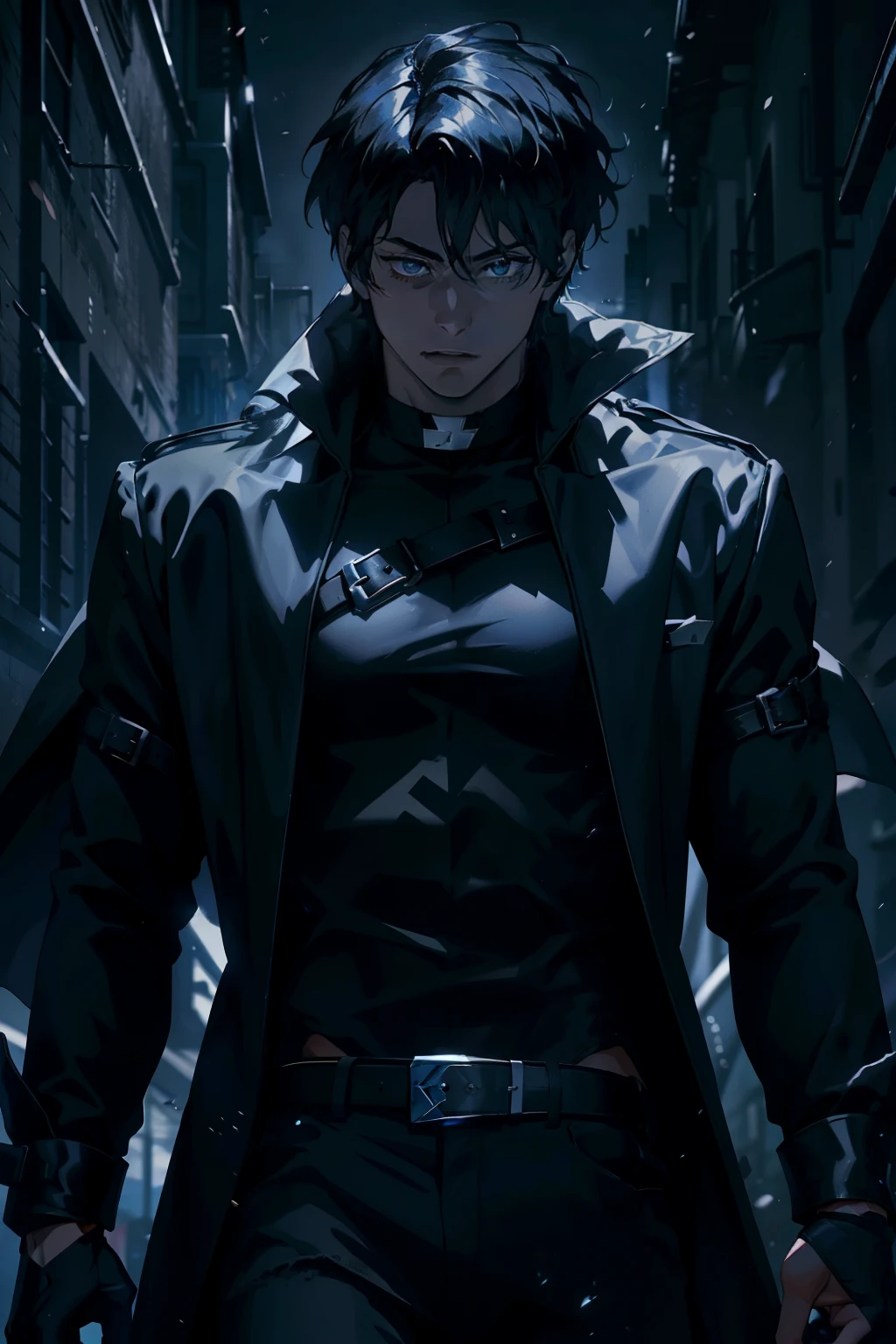 25-year-old man shrouded in an air of mystery and darkness. Lleva ropa oscura que parece fusionarse con las sombras que lo rodean.. Su cabello es negro como la noche y sus ojos brillan con una intensidad salvaje.. Wield a great sword, acute as your own determination. Se mueve con agilidad y gracia, sliding through the shadows as an extension of them. Estilo de arte del juego Moba.