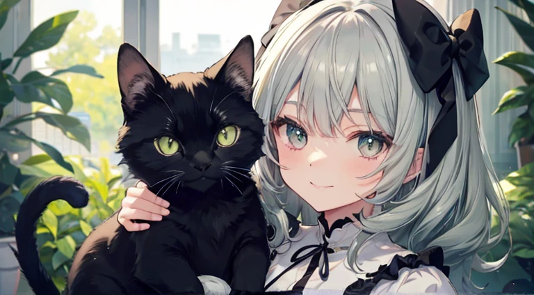 Cute black cat with round eyes, grandmother presents green ribbon, gray hair, facing, smiling,