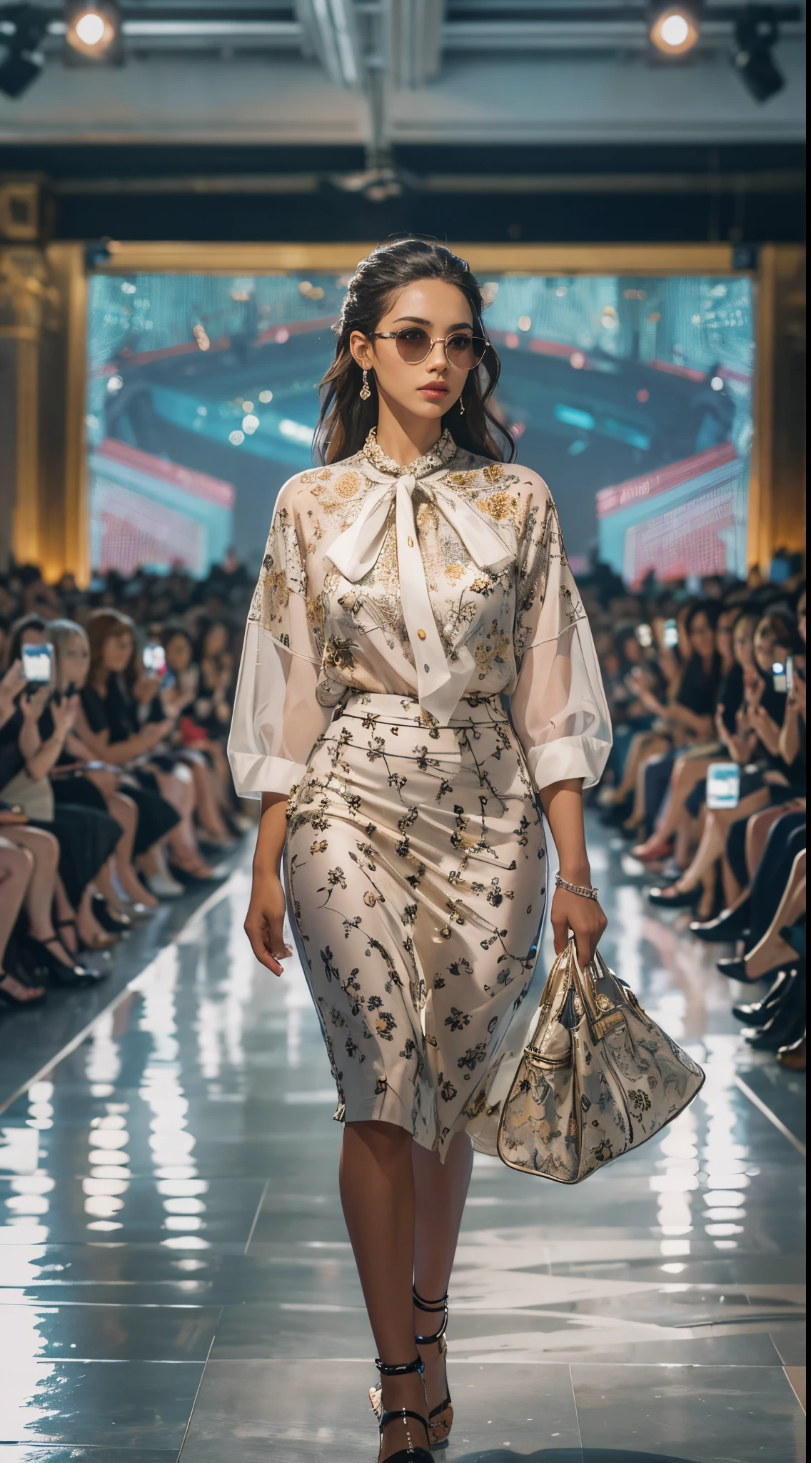 In this cinematic portrait, an elegant Indian model stands poised, dressed in a sophisticated ((copper brown cotton kurti))with intricate floral patterns. The kurti features a ((round neckline))with a subtle front slit, elbow-length sleeves, and a straight cut that falls just below the knee with side slits for ease of movement. She pairs it with stylish white ((strappy heels)), adding a modern twist to her traditional outfit.
The model's posture is confident and graceful, with one ((hand resting on her hip))and the other holding a chic ((white tote bag)). Her soft smile and engaging eyes create a captivating connection with the viewer. The dark background and expert use of rim lighting highlight her silhouette, while key lights accentuate the rich textures and details of the kurti. The interplay of light and shadow adds depth and dimension, creating a timeless and elegant ambiance. This cinematic lighting effect enhances the model's natural beauty and the sophisticated charm of her attire.