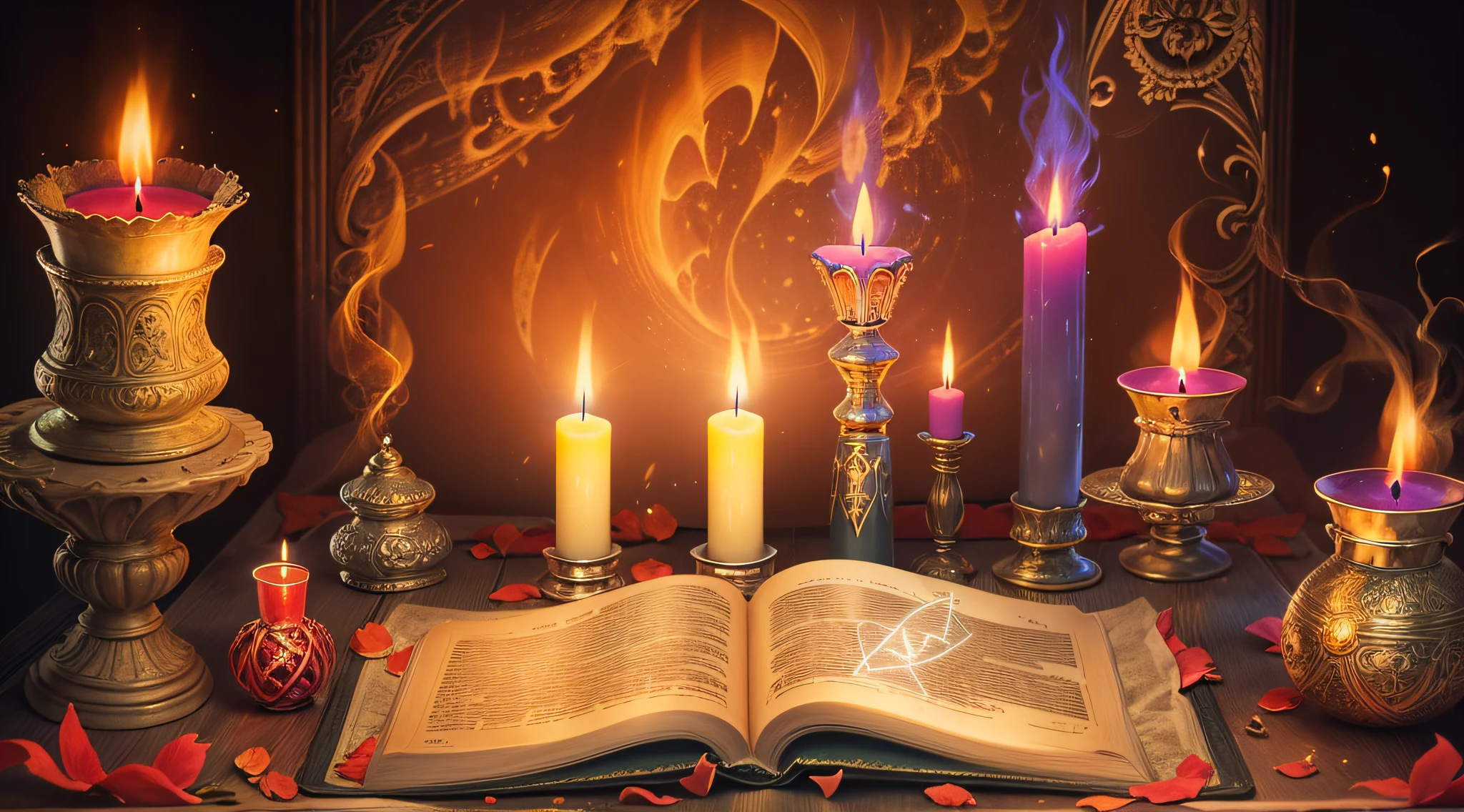 candles are lit on a table with a book and a candle, spell casting, open magic book glowing, black magic spells, spell book, spell casting wizard, casting a protection spell, holy flame spell, Reading an evil demonic book, casting a flame spell, Home Wicca Scene, spells magic, magias, Iluminado com velas, magic symbols, magic book