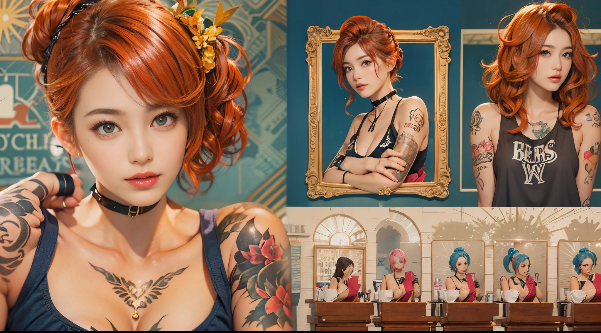 nsfw, A young, muscular female hairdresser with numerous tattoos and tanned skin, in various hairstyles and hair colors, showcasing a gyaru fashion style, in a realistic salon. In one image, she has vibrant red hair in a trendy updo style. In another, she sports deep blue hair in a sleek, straight style. Her sun-kissed, bronzed complexion remains consistent, as does her strong, tattooed physique. The salon is detailed, with stylish chairs and hair styling tools, reflecting her dynamic and fashionable personality in each different hairstyle and color.