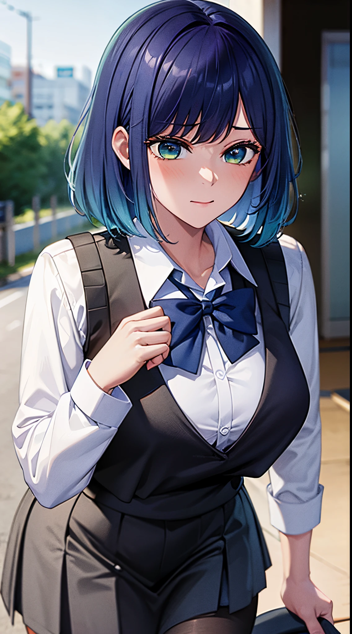 masterpiece, best quality, highres, 1girl, hmakane, blue hair, short hair, gradient hair, medium breasts, blue bowtie, collared shirt, black vest, long sleeves, pleated skirt, grey skirt, cowboy shot, standing, outdoors,