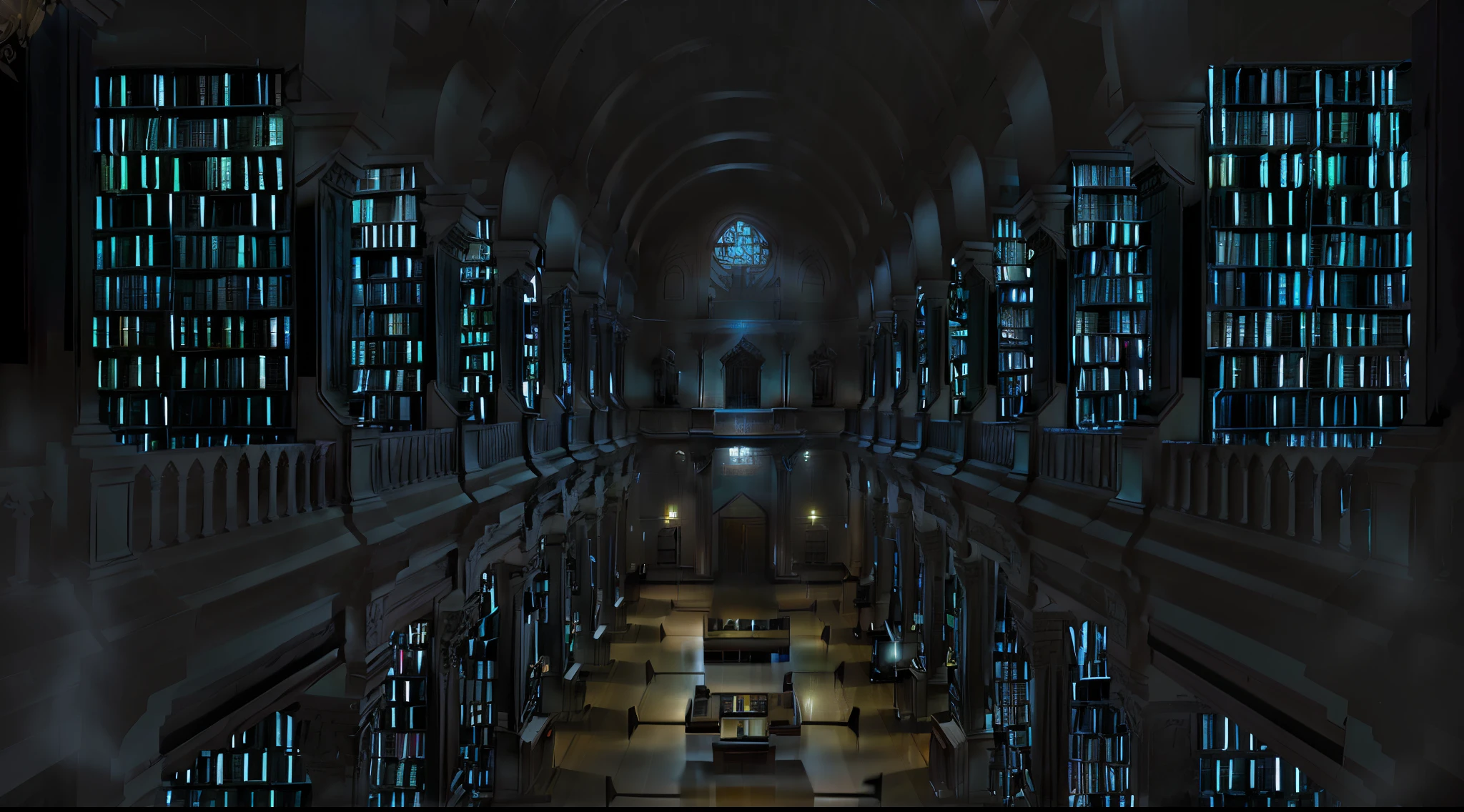 hay una gran sala con un reloj y un largo pasillo, gothic epic library concept, futuristic cameras, Biblioteca infinita, Epic Gothic Library, Vasta biblioteca, Fondo interior de la biblioteca, Biblioteca oscura, Antecedentes de la biblioteca, gloomy library, Gran Biblioteca, gothic library, Biblioteca Celestial Infinita, Biblioteca antigua, Set in the cyberpunk bank vault, Located in the vault room of the bank, Biblioteca de lujo