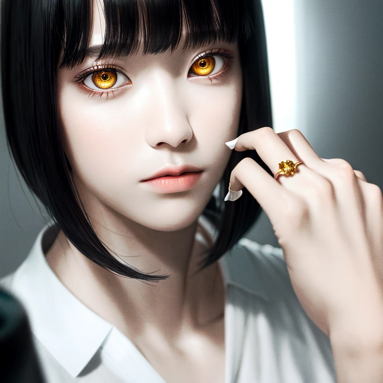 Masterpiece, (Photorealistic: 1.4), Top Quality, Beautiful Lighting, (ulzzang-6500:0.5), Makima \(Chainsaw Man\), (Bob Hair) + (Black Hair) + (Bangs), Yellow Eyes, Golden Eyes, (((Ring-shaped Eyes)), (Pink Shirt), RAW Photography, 8k UHD, Film Grain
