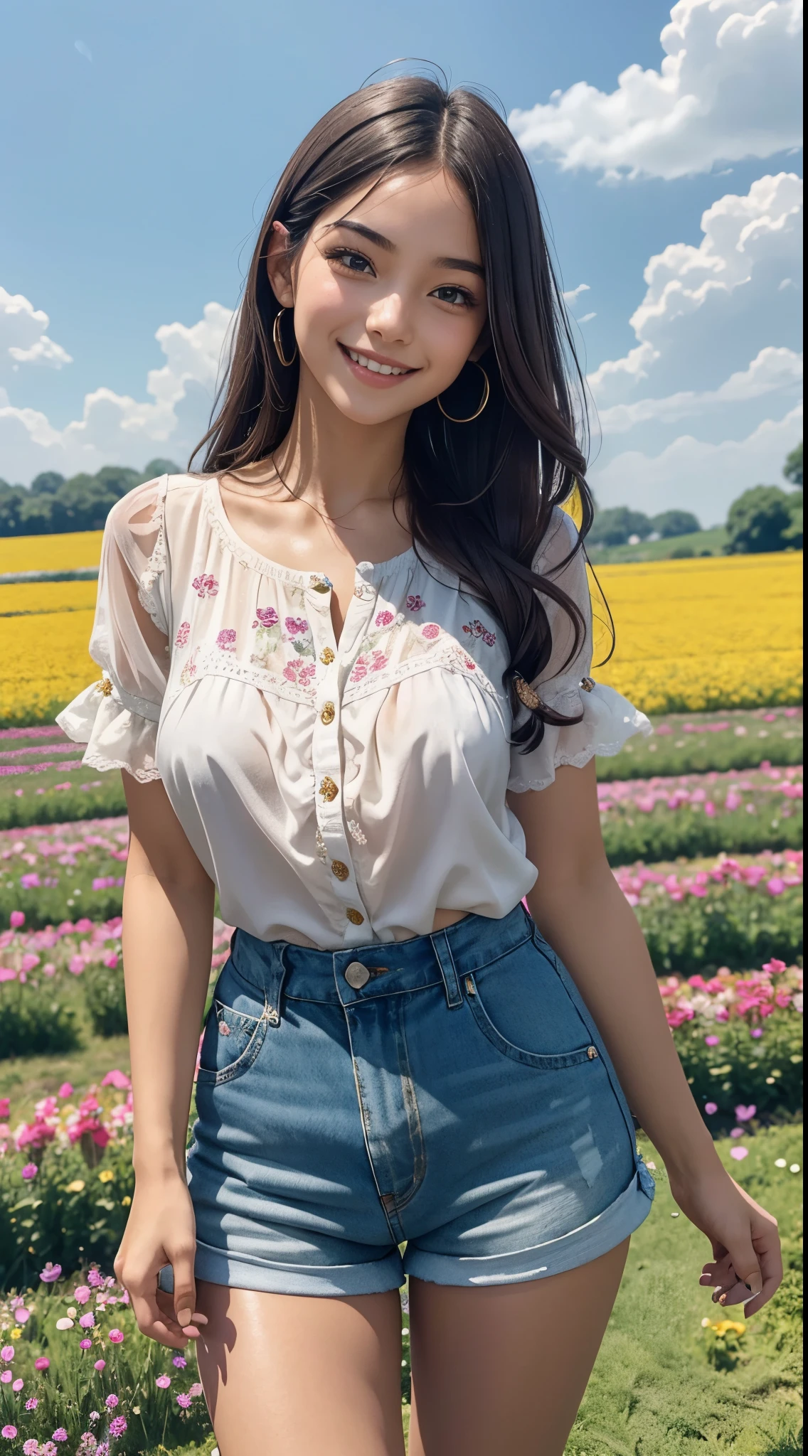 an extremely beautiful girl, with intrinsic details, totally out of the ordinary, with a beautiful smile, wearing a beautiful shorts and blouse, in a flower field, alone, on a sunny summer day, ((always repeat the same face))