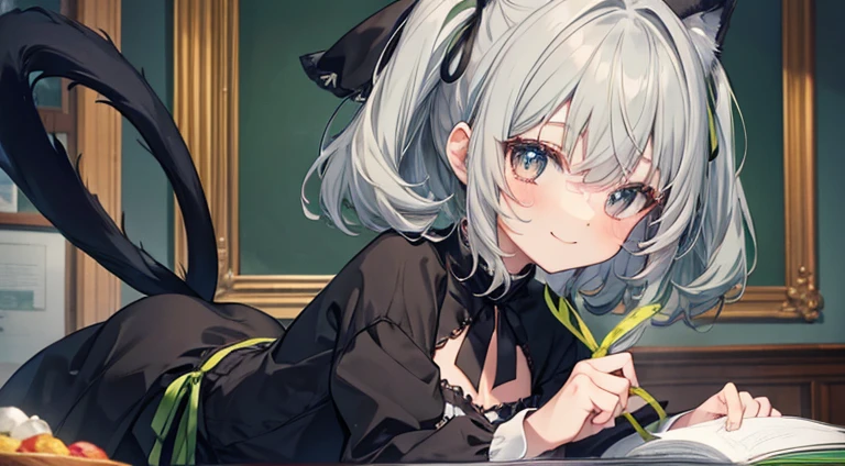 Cute black cat with round eyes, grandmother presents green ribbon, gray hair, facing, smiling,