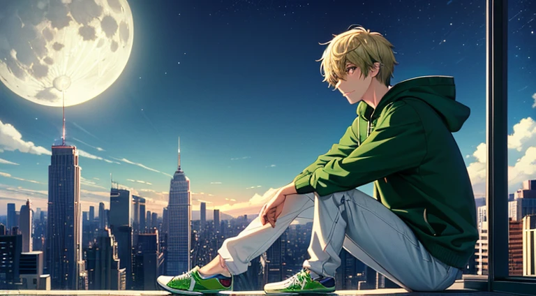 A landscape, It is in the middle of the night and the noon, the moon contrast with the ambience, there's a guy, a lofi chill guy, wearing a green hoodie, white pants and green nikes tennis shoes, looking at the landscape, he is seated in a building tower, he's in a cosmopolitan, urban and a futuristic New York city. Anime style, wallpaper.