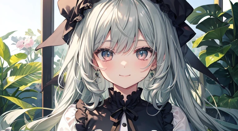 Cute black cat with round eyes, grandmother presents green ribbon, gray hair, facing, smiling,