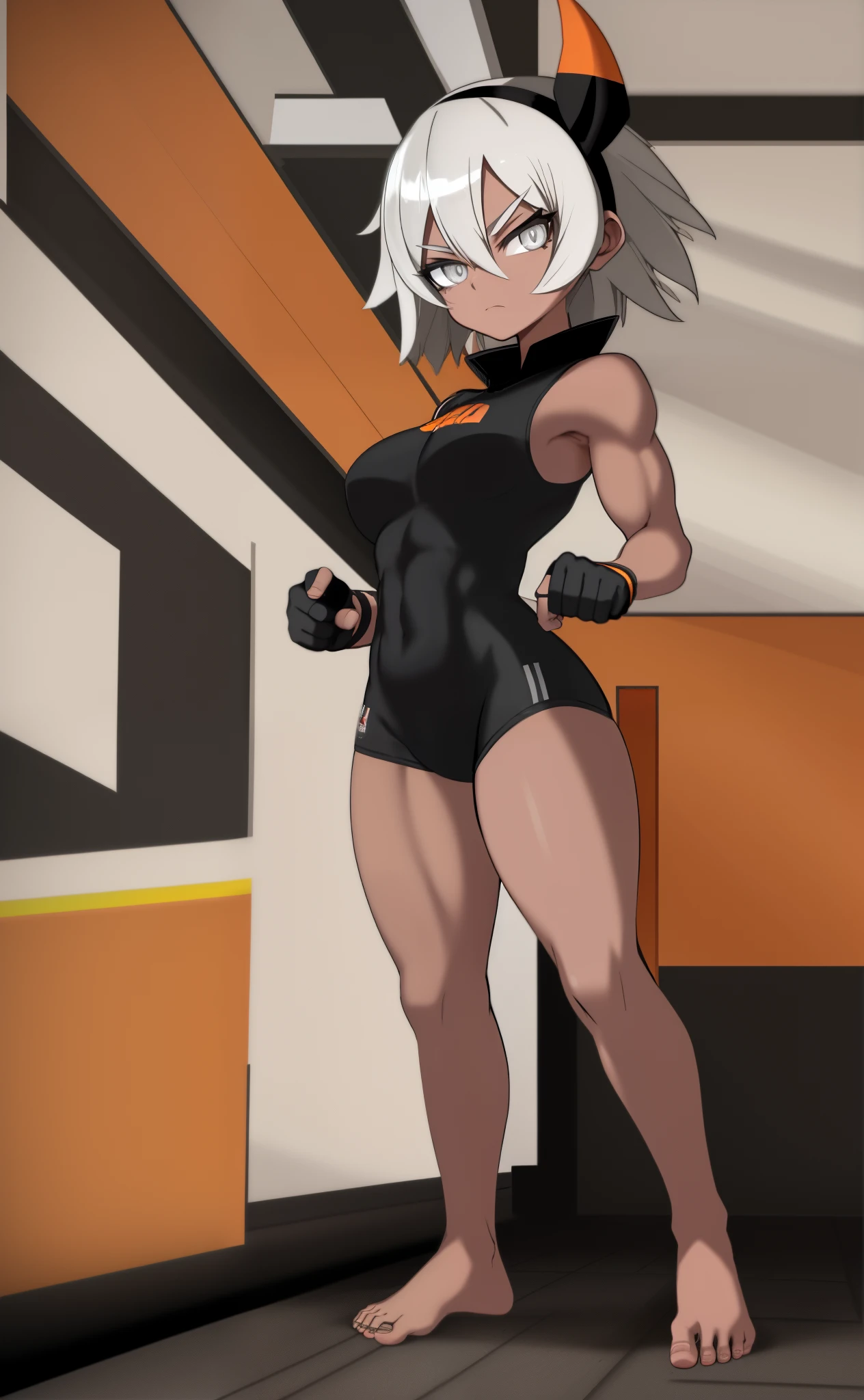 [bea], [pokemon], [uploaded to e621.net; (napalm_express)], ((masterpiece)), ((HD)), ((high res)), ((solo portrait)), ((full body)), ((front view)), ((feet visible)), ((detailed shading)), ((beautiful render art)), ((intricate details)), {anime girl; (dark-toned skin), (cute grey eyes), (short eyelashes), short white hair, (curvy hips), (defined muscles), (beautiful muscular legs), (beautiful feet), (expressionless)}, {(black yoga bodysuit with orange stripes), (black hairband)}, {(standing), (looking in the distance)}, [background; (open room), (gym), (gym equipment), (ceiling lights), (sun rays), (pink and orange sky)]