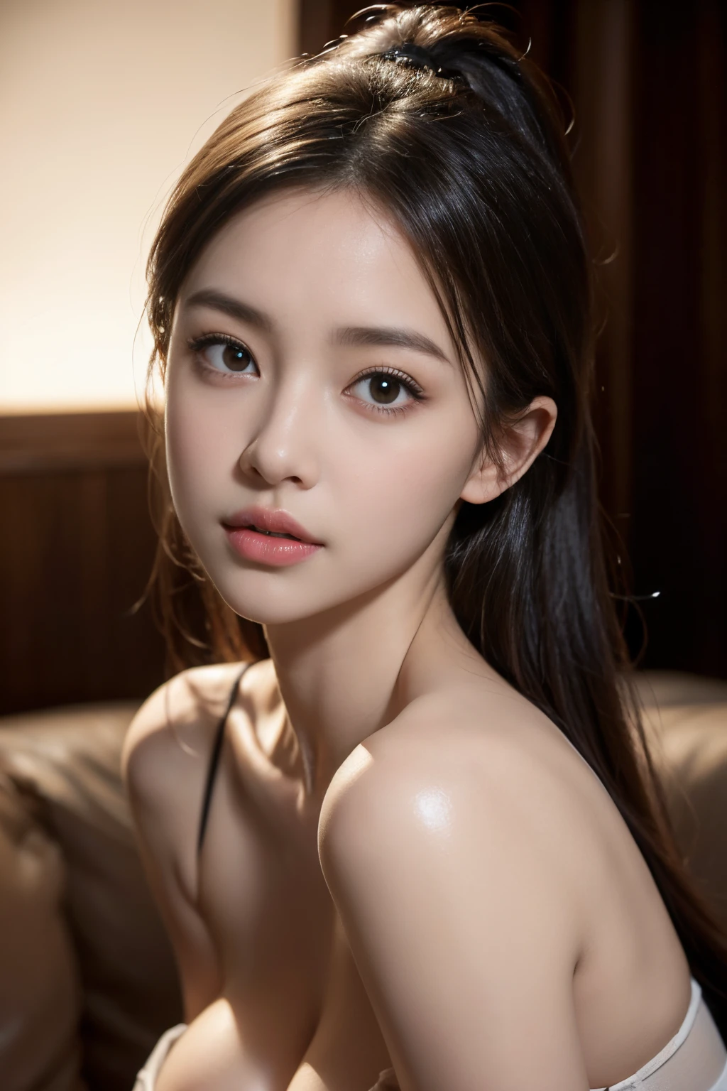 1girl, Brown eyes, slim,(Photorealistic: 1.4), Best quality: 1.0, Ultra High Definition: 1.0, 8K, RAW Photography, Slippery, Exposure, Cleavage, Big eyes, glowing lips, shiny lips, plump lips, dynamic lighting, shiny skin,　sweaty skin, sharp fokus:1.2, pony tail, One-person viewpoint, nsfw, in the dark room, female masturbation