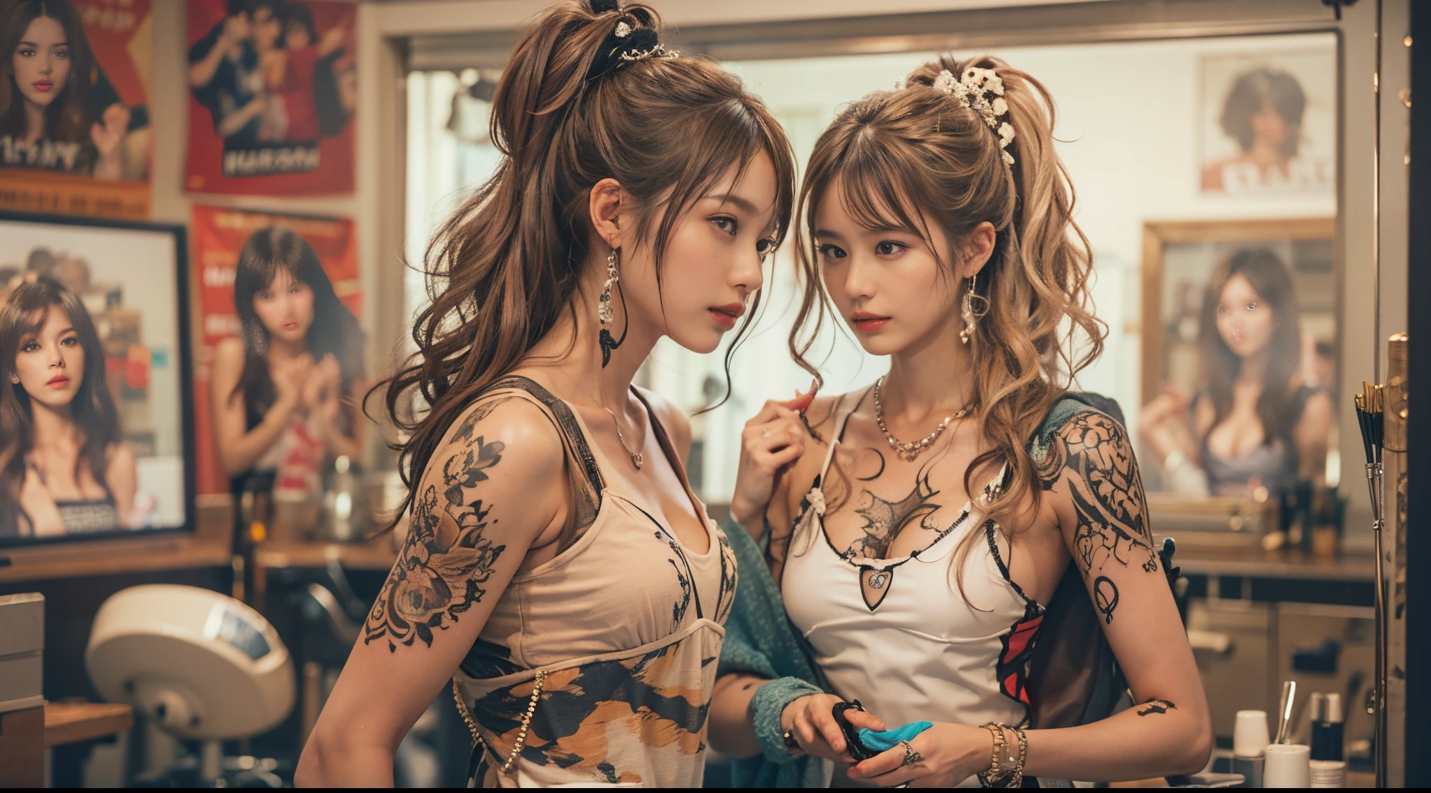 nsfw, A young, muscular female hairdresser with numerous tattoos and tanned skin, in various hairstyles and hair colors, showcasing a gyaru fashion style, in a realistic salon. In one image, she has vibrant red hair in a trendy updo style. In another, she sports deep blue hair in a sleek, straight style. Her sun-kissed, bronzed complexion remains consistent, as does her strong, tattooed physique. The salon is detailed, with stylish chairs and hair styling tools, reflecting her dynamic and fashionable personality in each different hairstyle and color.