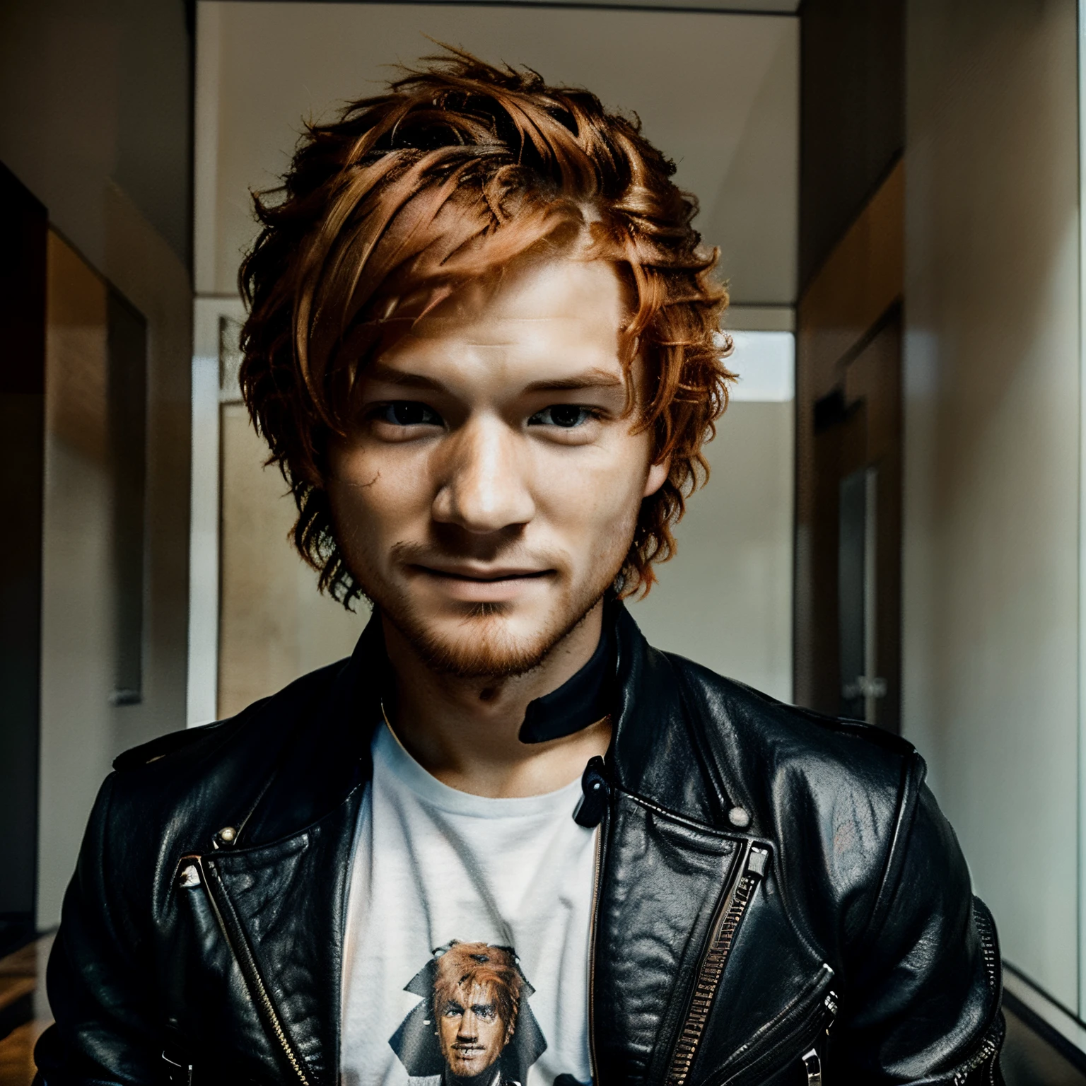 Generate a compelling visual mashup male character by combining the distinctive features of Ed Sheeran and Beyoncé. Infuse Ed Sheeran's red hair, facial characteristics, and charm with Beyoncé's iconic eyes, charisma, and presence by the age of 25. Dressed like badboy biker at home