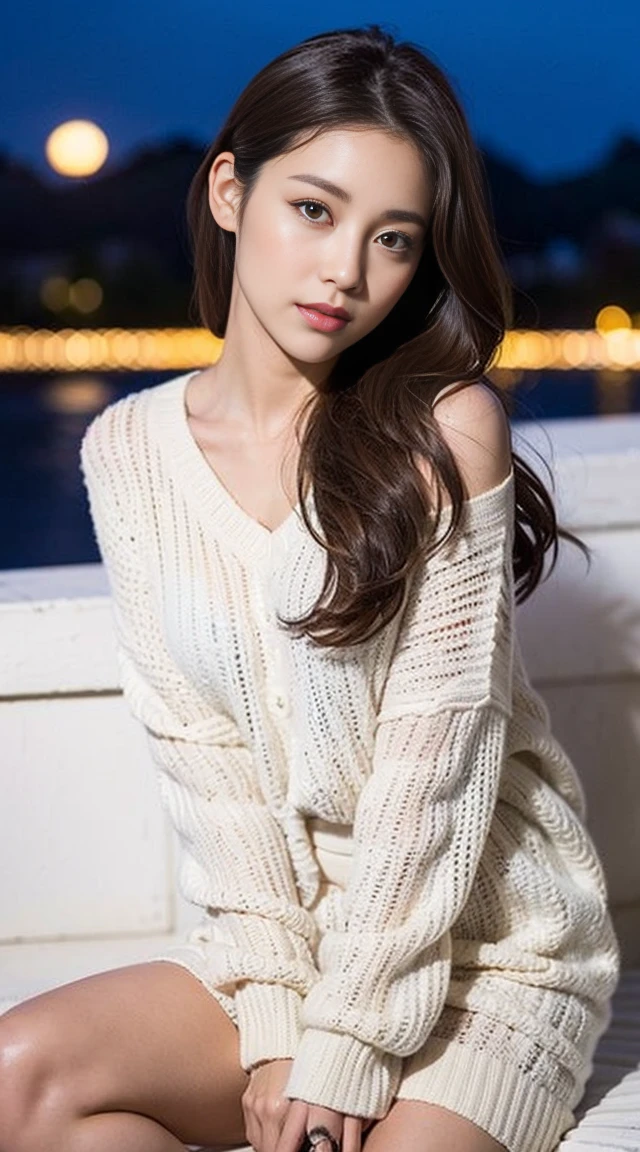 dark brown hair、Light brown eyes、The face of the Japan actress、 Lady、Looks like he's about 35 years old、(intricate-detail:1.2)、(top-quality:1.4)、 (超A high resolution:1.2)、超A high resolution、(A detailed eye)、(detailed facial features)、nffsw、8K resolution、moderately sized udder、She is wearing a warm loose white sweater and skirt、Knees are smooth、length hair、looking at the beautiful night sky、Shining crescent moon、