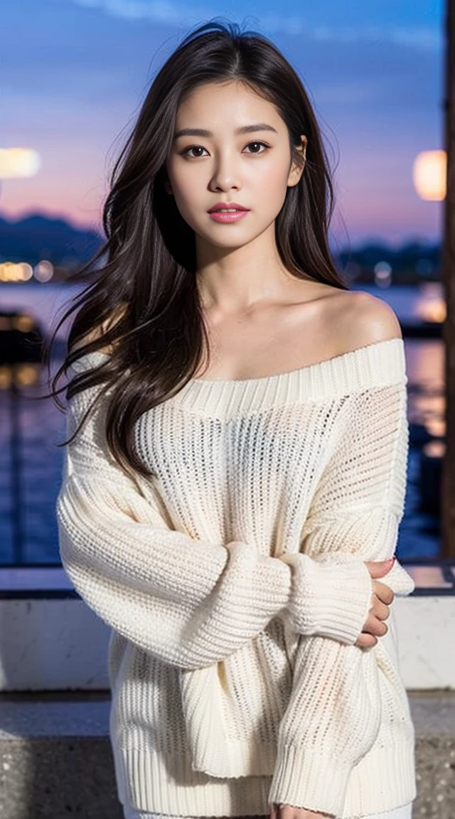 dark brown hair、Light brown eyes、The face of the Japan actress、 Lady、Looks like he&#39;s about 35 years old、(intricate-detail:1.2)、(top-quality:1.4)、 (超A high resolution:1.2)、超A high resolution、(A detailed eye)、(detailed facial features)、nffsw、8K resolution、moderately sized udder、She is wearing a warm loose white sweater and skirt、Knees are smooth、length hair、looking at the beautiful night sky、Shining crescent moon、