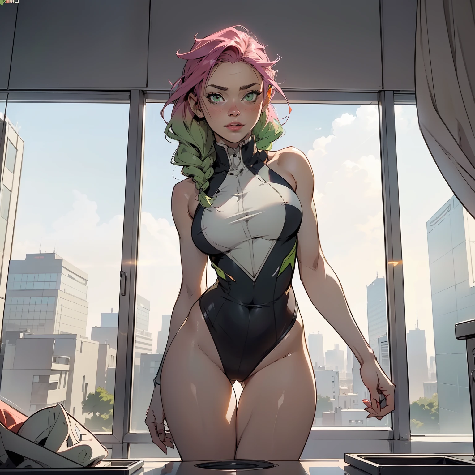Hyper realistic super detailed sexy Mitsuri Kanroji, NSFW, Very detailed, expressions faciales sexy, seductive facial expressionace detail: 1.4): 0.4], 16K resolution, 4k resolution, dinamic lighting, High definition resolution, (sexy pose, Position attrayante), (hyper realistic: 1.4),  , (sun light: 1), (pleine hauteur: 1.8),(contrasting background: 1.5), (Anatomy of the hyperrealistic arm), (Hyperrealistic anatomy of the legs), (peau propre), (lighting cinematic: 1.7), (intime), (Technologie NVIDIA RTX Ray Tracing), (Ventre plat parfait), (image couleur),Create a 4K resolution, ultra-realistic, and extremely detailed artwork featuring a Mitsuri Kanroji in a corporate office setting with a provocative style. Mitsuri Kanroji  the central character in the artwork. She stands in front of a big glass window of a modern office offering a cityscape view.

 ((Mitsuri Kanroji (from "demon slayer"))), a girl with long green-pink gradient hair and green eyes, green hair, gradient hair, multicolored hair, long hair, braided hair, She has a commanding presence. She has a provocative yet professional silhouette,  emphasizes her figure. Her makeup  bold, with striking red lips and a gaze that demands attention.

She  dressed provocatively,  a bold fashion statement. yellow leotard, orange leotard, thigh gap, bare shoulders, a touch of glamour to her overall appearance. shy and slight smile, thigh gap